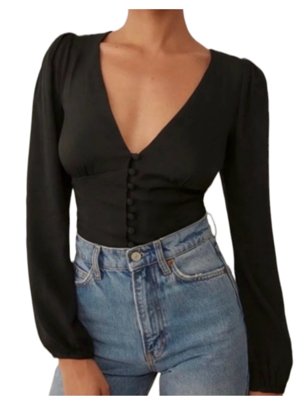 Reformation Black Deep V-Neck Button-Front Long Sleeve Top
